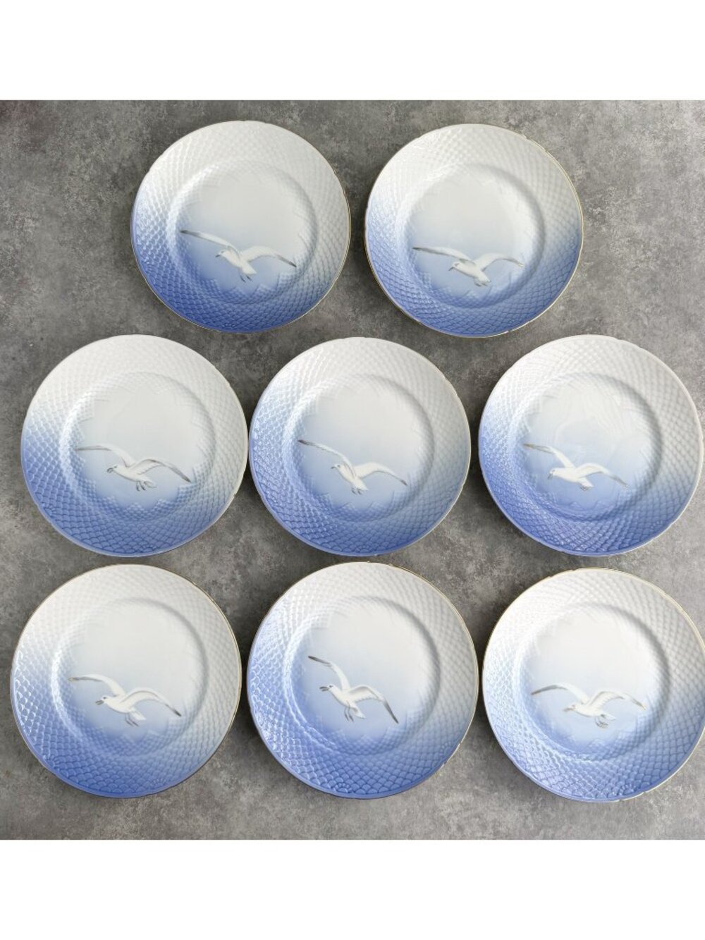 Bing & Grondahl SEAGULL Porcelain Salad Plates 8.5” Blue Gold Trim Lot of 8